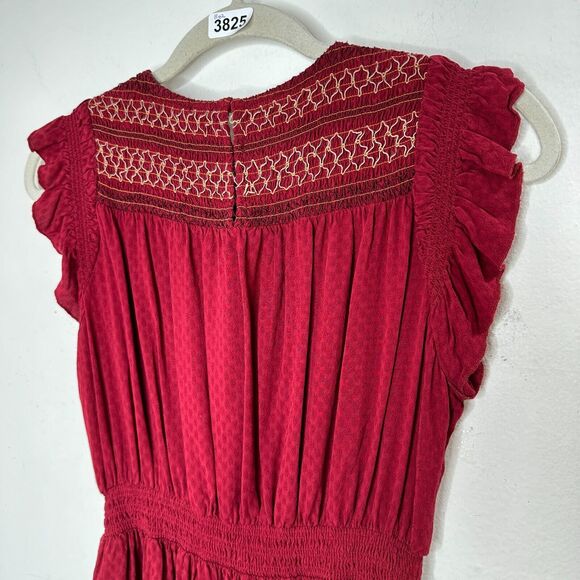 Anthropologie Dolan Red Left Coast Tansy Smocked Midi Ruffle-Shoulder Dress XS - Picture 8 of 16